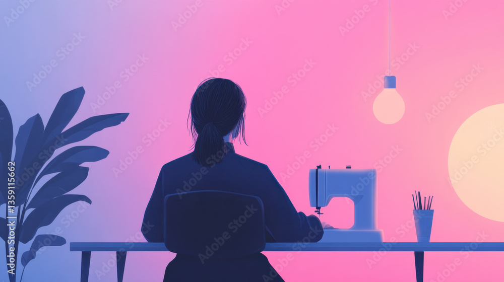 person sits at desk with sewing machine, surrounded by plant and hanging light bulb, in room with pink and blue gradient background, creating calm atmosphere person sits at desk with sewing machine, surrounded by plant and hanging light bulb, in room with pink and blue gradient background, creating calm atmosphere