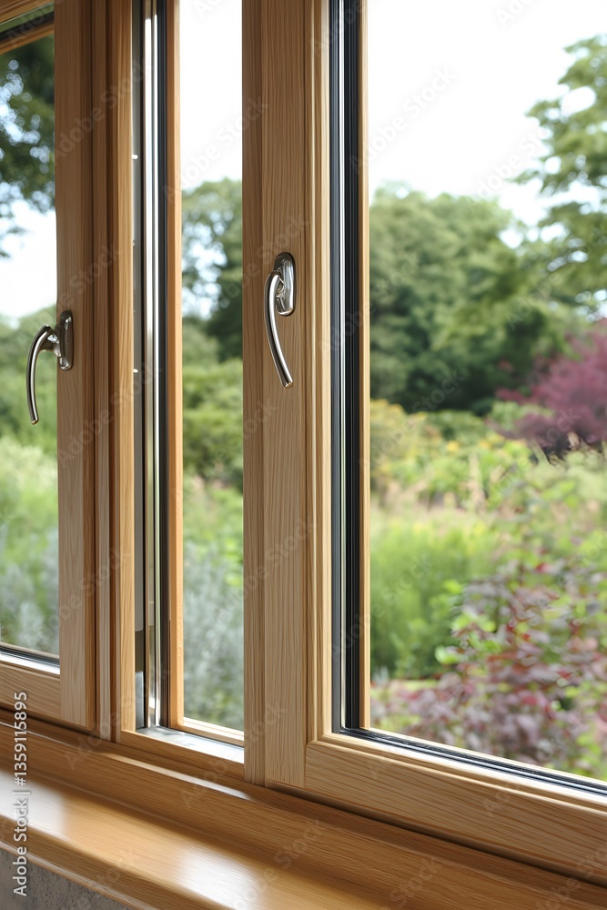 Elegant Oak Wood Window Frame with Modern Handles Garden View Elegant Oak Wood Window Frame with Modern Handles Garden View