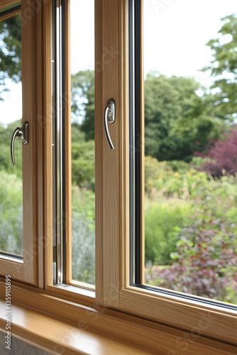 Elegant Oak Wood Window Frame with Modern Handles Garden View