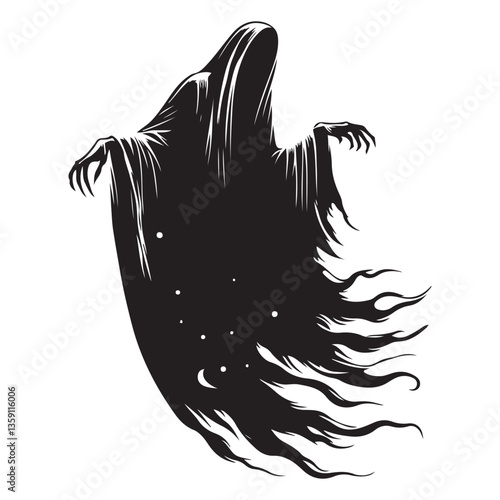 Eerie Silhouette Ghost Vector Floating in the Night Illustration