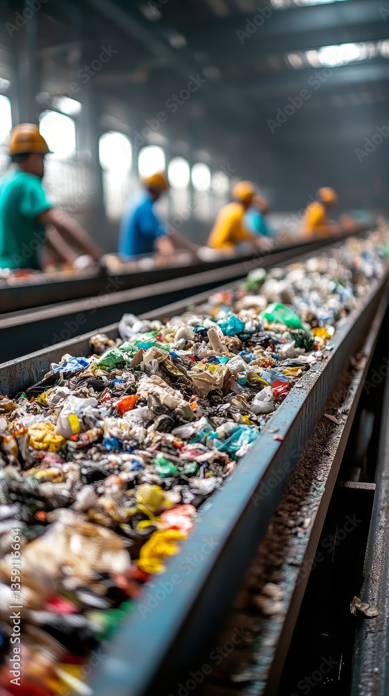 Modern waste sorting and recycling plant. Workers are sorting rubbish on the long conveyor belt of a recycling plant. Sorting and recycling garbage. Modern waste sorting and recycling plant. Workers are sorting rubbish on the long conveyor belt of a recycling plant. Sorting and recycling garbage.