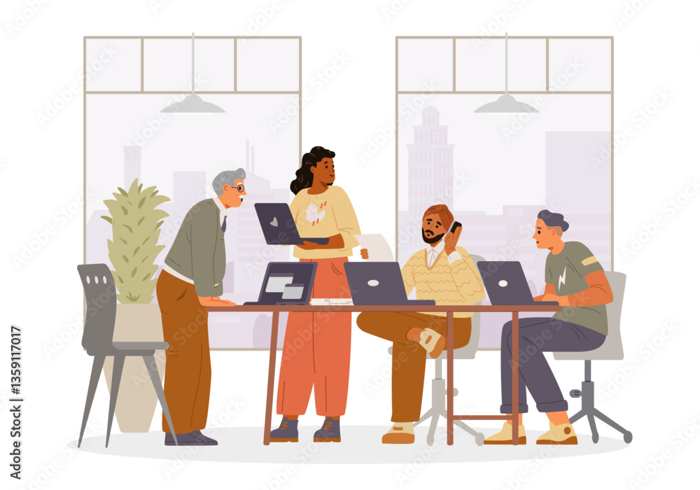 Diverse business team in the office flat vector illustration isolated on white. Diverse business team in the office flat vector illustration isolated on white.