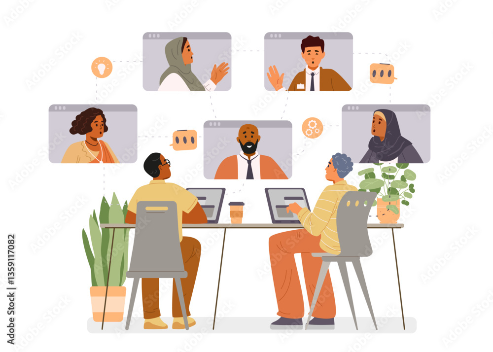 Online business meeting flat vector concept. Diverse colleagues communicating online illustration. Online business meeting flat vector concept. Diverse colleagues communicating online illustration.