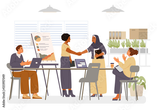 Diverse business group on a meeting making a deal and applauding flat vector illustration. Arabian and African American women shaking hands in the office.