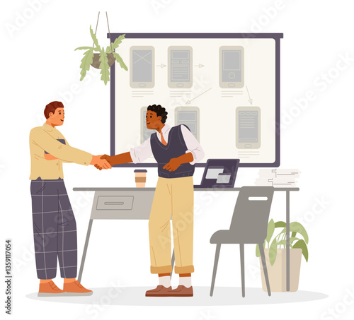 Two man shaking hands making a deal on app development business project flat vector illustration.