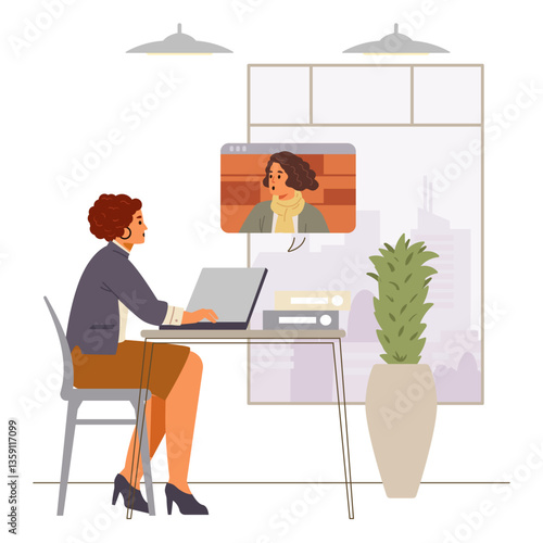 Business woman during video call in the office flat vector illustration