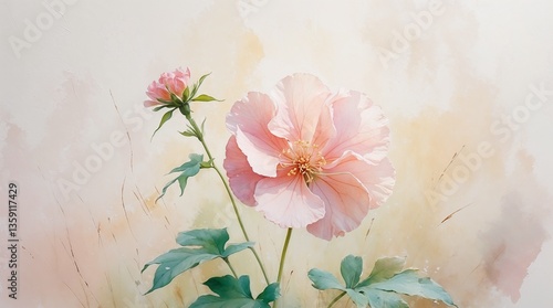 A painting of a pink flower with a green stem