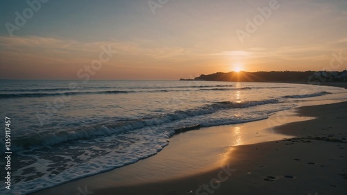 The ocean is calm and the sun is setting, creating a beautiful