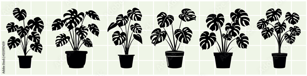 Monstera plant silhouette collection, isolated vector set Monstera plant silhouette collection, isolated vector set
