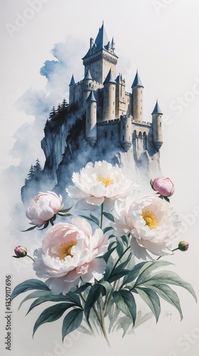 A painting of a castle with a flower garden in front of it