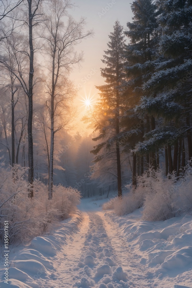 Fototapeta premium A snow-covered forest path with a sun shining through the trees