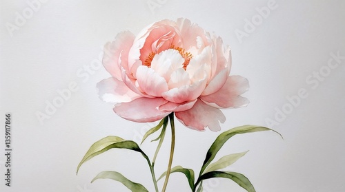 A watercolor painting of a pink flower with green leaves