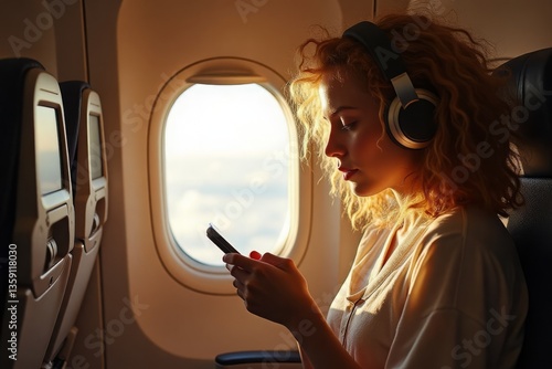 A young woman with curly hair on a plane at the window , listening to music on headphones using a smartphone 
