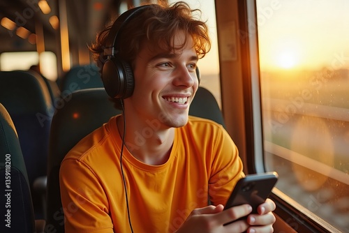 A young guy at the train window listens to music on headphones using a smartphone 
