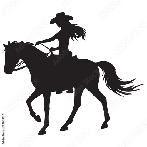 Cowgirl Riding Horse Silhouette Illustration with Hat and Flowing Hair