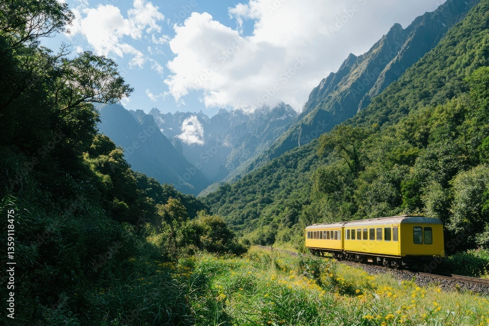 Scenic train passes through mountainous landscape for a travel, tourism brochure Scenic train passes through mountainous landscape for a travel, tourism brochure