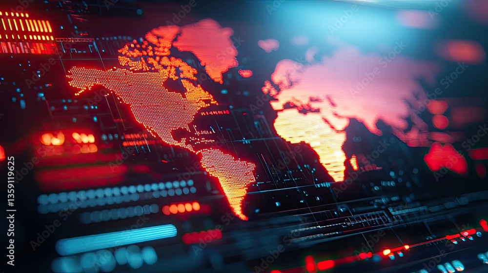 Obraz premium Earth at night displaying global business and finance map concept. Futuristic digital world map with vibrant colors and data overlay.