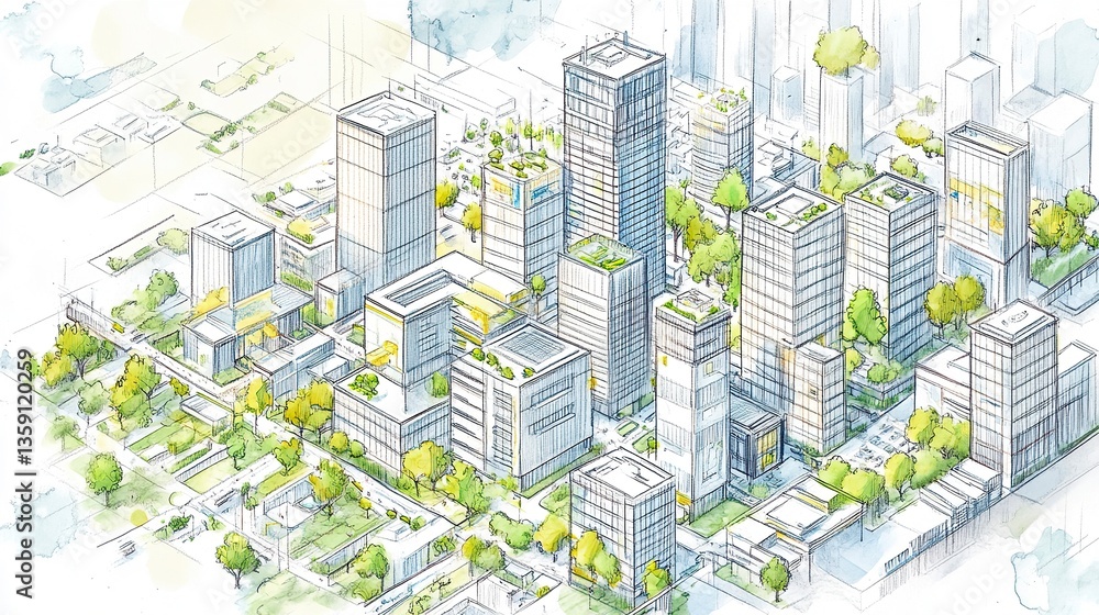 Detailed hand-drawing of sustainable city planning renewable energy zones integrated parks efficient public transit networks.