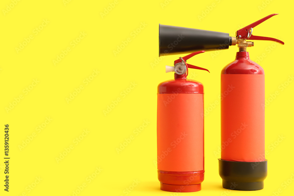 Fire extinguishers on yellow background Fire extinguishers on yellow background