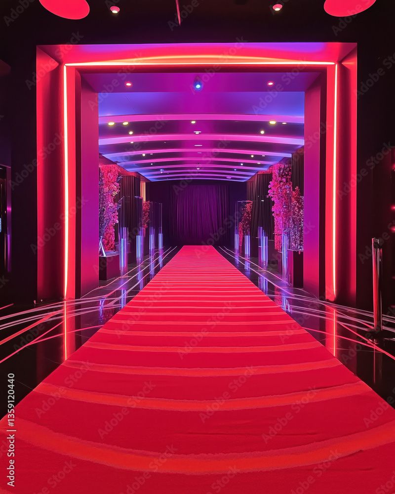 Fototapeta premium Glamorous red carpet entrance set for VIP arrivals at a movie premiere under vibrant lights