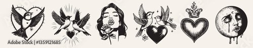 Vintage tattoo designs collection, element vector set