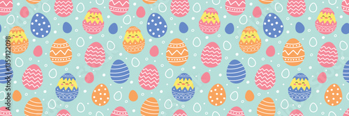 Colourful Easter seamless pattern with cute chicks and eggs. Cartoon style background. Vector illustration