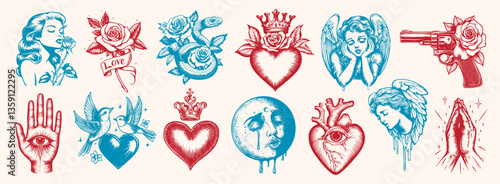 Vintage tattoo designs collection, element vector set