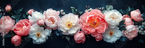 Floral cover, banner, or header featuring vintage bouquets. On a black background, pink peonies and white roses are isolated.  Generative Ai