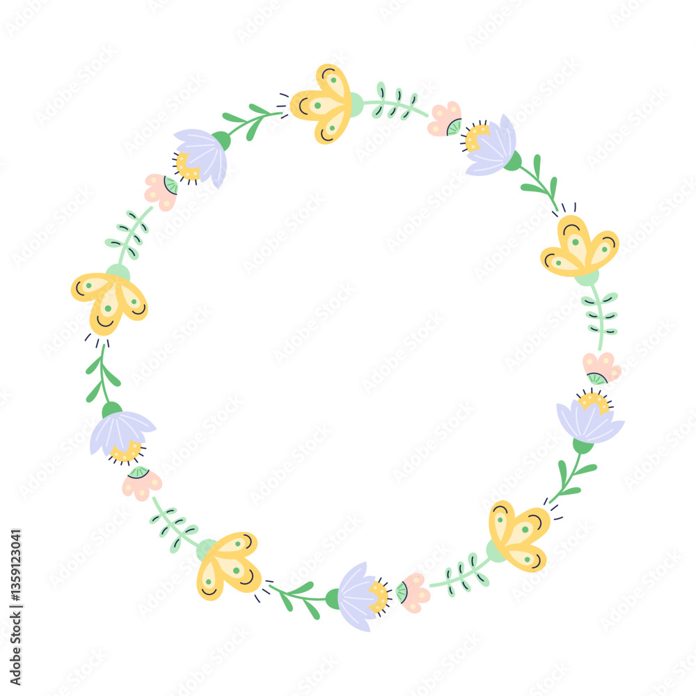 Round floral frame on white background. Delicate pastel purple and yellow flowers. Empty space for inscription in the center. Isolated vector illustration. Round floral frame on white background. Delicate pastel purple and yellow flowers. Empty space for inscription in the center. Isolated vector illustration.