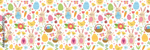 Easter seamless pattern with cute bunny, eggs, chick and flower. Cartoon style background. Vector illustration