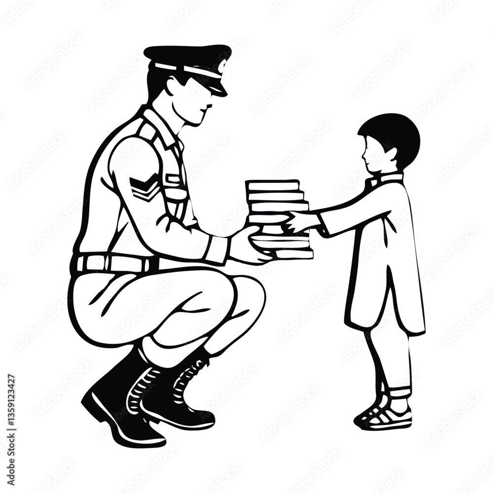 A soldier giving the books to a child A soldier giving the books to a child