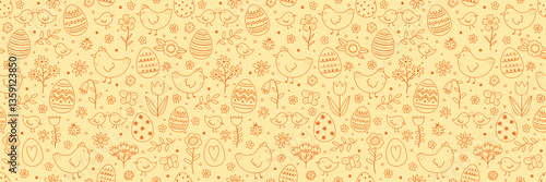 Colourful Easter texture in cartoon style. Hand drawn chicks, eggs and flowers. Doodle.  Vector illustration