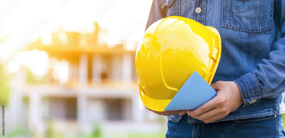 Engineer holding yellow helmet and blueprints at construction site Engineer holding yellow helmet and blueprints at construction site