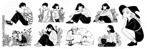 Stylish monochrome anime characters, element vector set