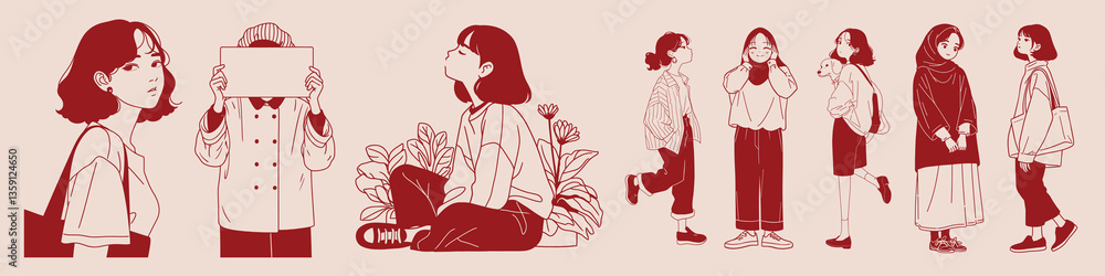 Stylish monochrome anime characters, element vector set