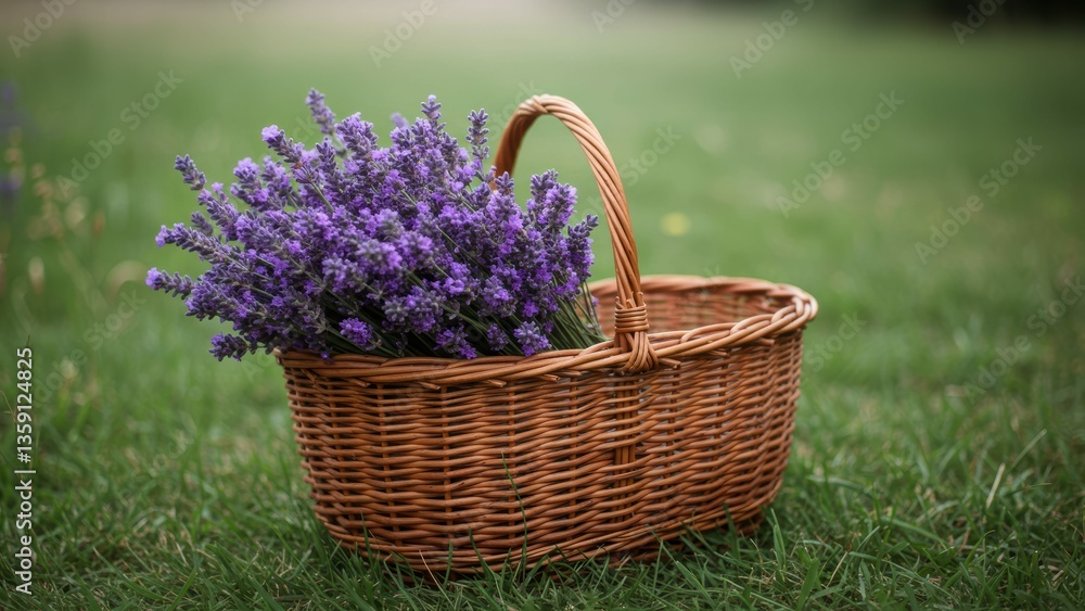 Wicker basket filled with fresh lavender flowers on green grass, symbolizing spring, nature, and wellness Wicker basket filled with fresh lavender flowers on green grass, symbolizing spring, nature, and wellness