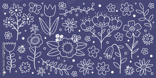 Hand drawn spring flower set. Icons in cartoon style. Vector illustration