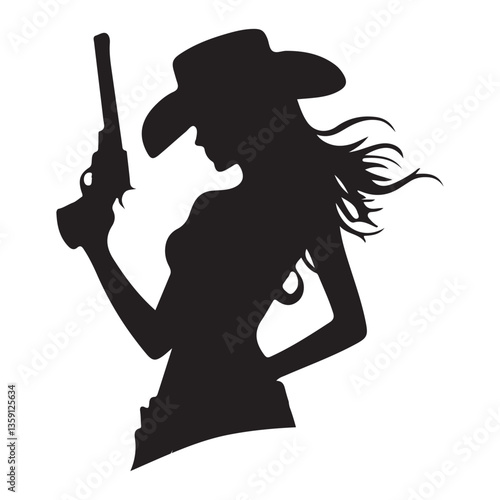 Cowgirl Silhouette Holding a Gun Vector Art Print Poster Design