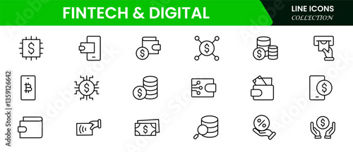 Fintech & Digital Icons vector illustrations with thin lines contain digital banking, mobile payments, cloud tech, robotics, digital wallet, SAAS, app, neo bank, crowdfunding, financial innovation.