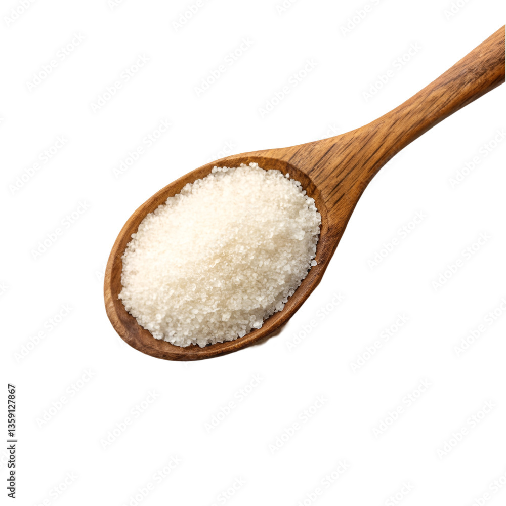 A wooden spoon filled with white sugar A wooden spoon filled with white sugar