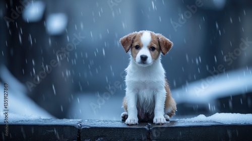 Fototapeta Naklejka Na Ścianę i Meble -  A small, abandoned dog shivering in the cold rain, longing for a home, heart-touching rescue scene
