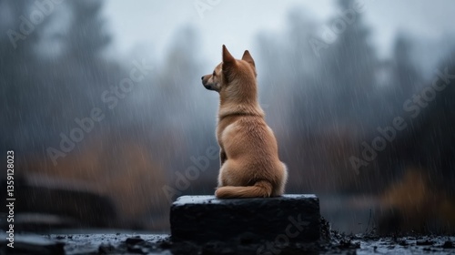 Fototapeta Naklejka Na Ścianę i Meble -  A small, abandoned dog shivering in the cold rain, longing for a home, heart-touching rescue scene