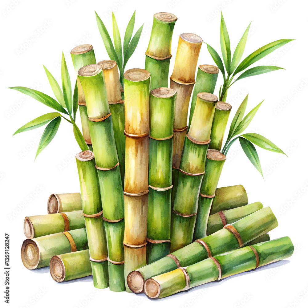 Fototapeta premium Watercolor Fresh sugarcane stalks isolated on transparent background