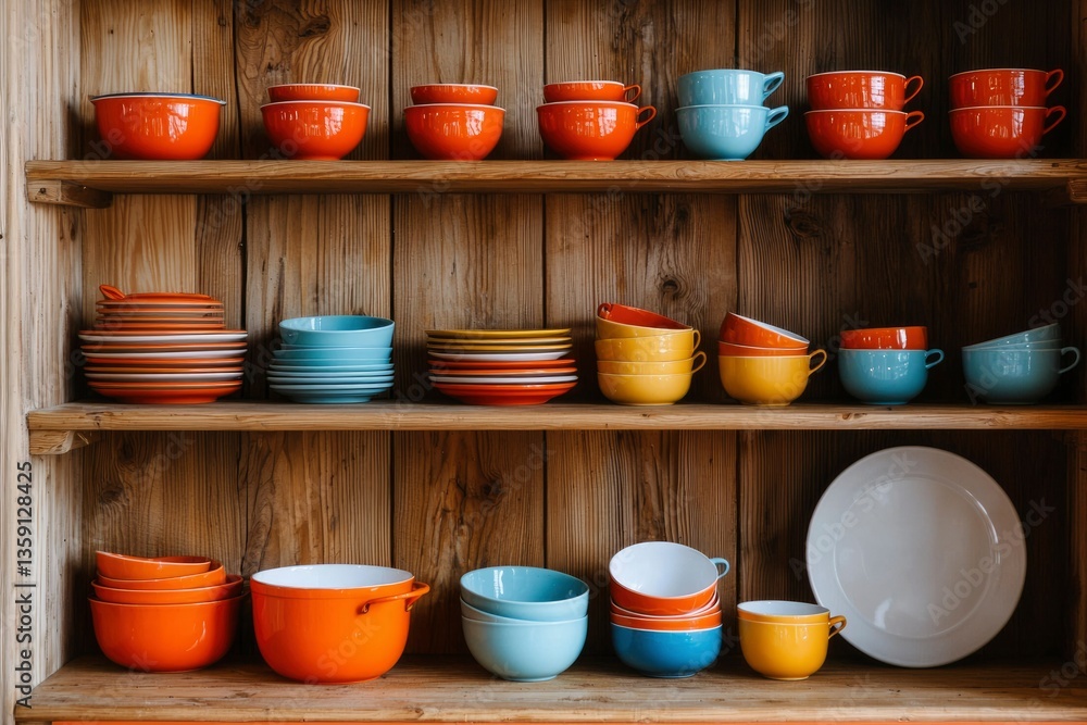 Fototapeta premium Colorful bowls and cups on wooden shelves show kitchenware in background