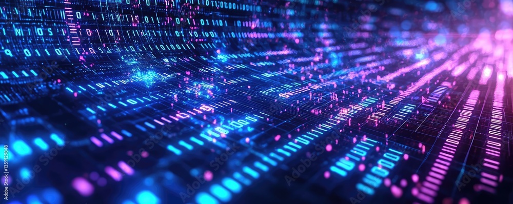Binary code background featuring 3D rendering and digital matrix concept. Futuristic digital patterns in glowing blue and pink colors. Binary code background featuring 3D rendering and digital matrix concept. Futuristic digital patterns in glowing blue and pink colors.