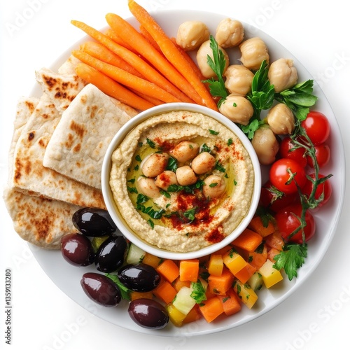 Hummus with carrots, celery, pita, olives, and tomatoes, all isolated on a transparent backdrop