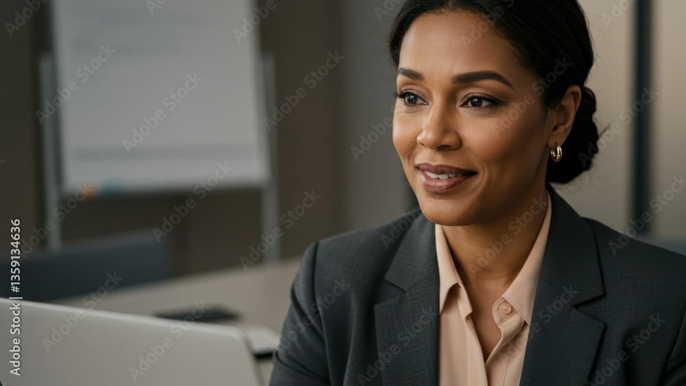 African American woman working on laptop in corporate office Professional setting promotes diversity and empowerment African American woman working on laptop in corporate office Professional setting promotes diversity and empowerment