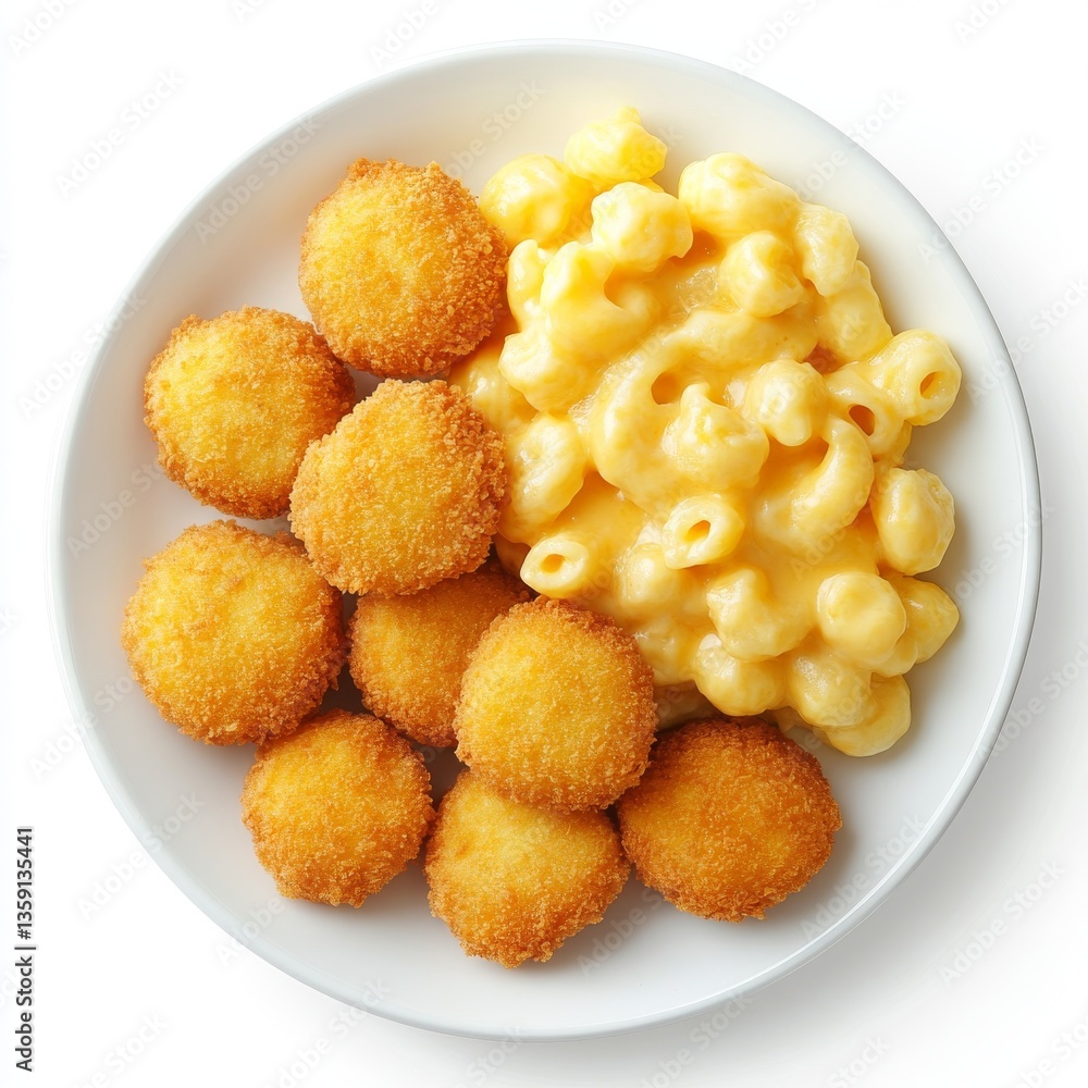 A scrumptious serving of macaroni and cheese accompanied by chicken nuggets, set against a transparent backdrop A scrumptious serving of macaroni and cheese accompanied by chicken nuggets, set against a transparent backdrop