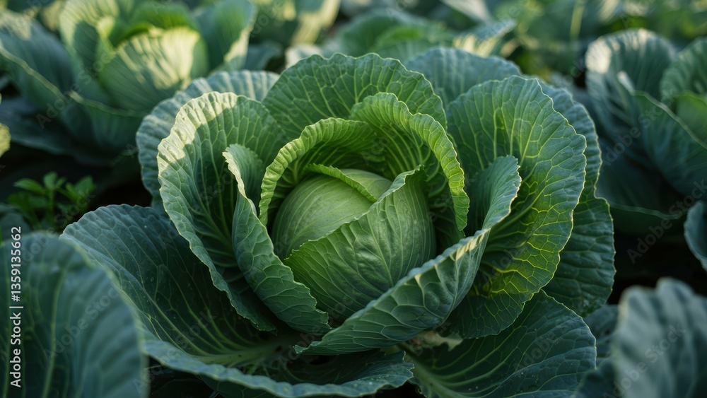 Obraz premium Cabbage heads growing in farm field highlighting fresh produce and healthy eating concepts