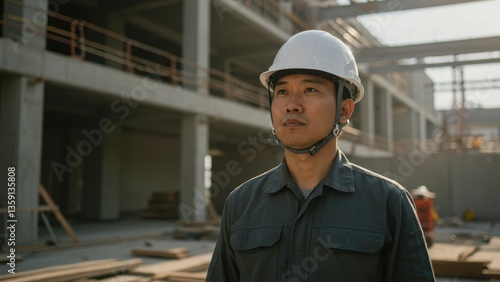 Obraz na płótnie Asian male construction worker in hard hat at construction site contemplating project management and safety w salonie